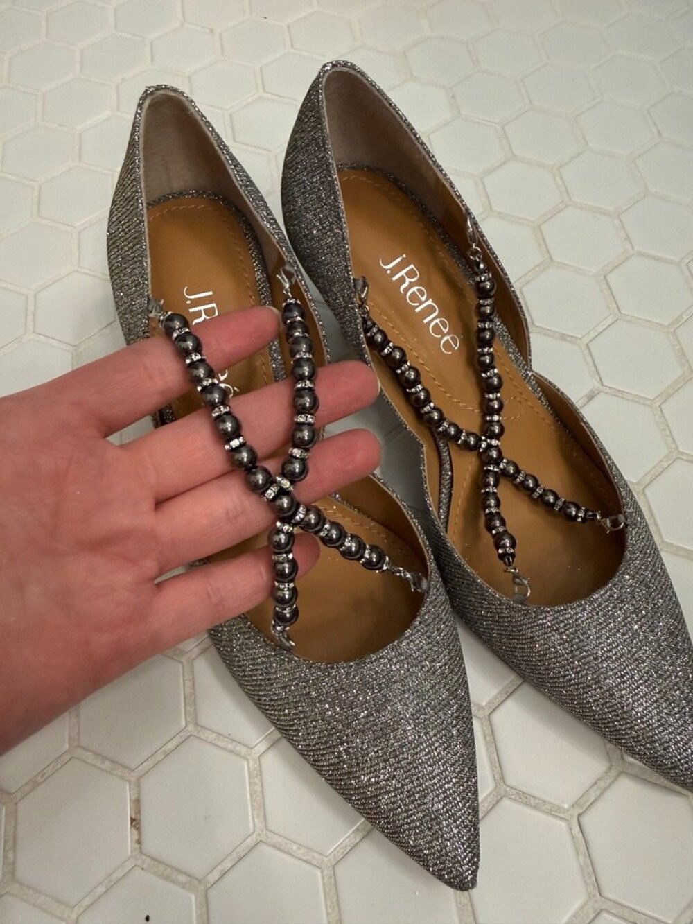 J. Renee Zayna Pewter Glitter D'Orsay Pumps Beaded Heels 7.5 New - Picture 4 of 10
